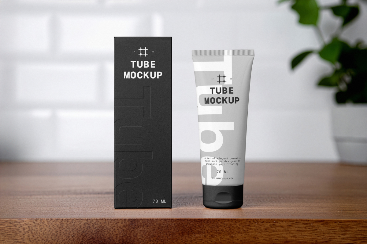In the front view, a vertical Box Mockup and a Cosmetic Tube Mockup with delicate cosmetic designs in black, white, and gray colors stand next to each other on a wooden shelf in the bathroom.
