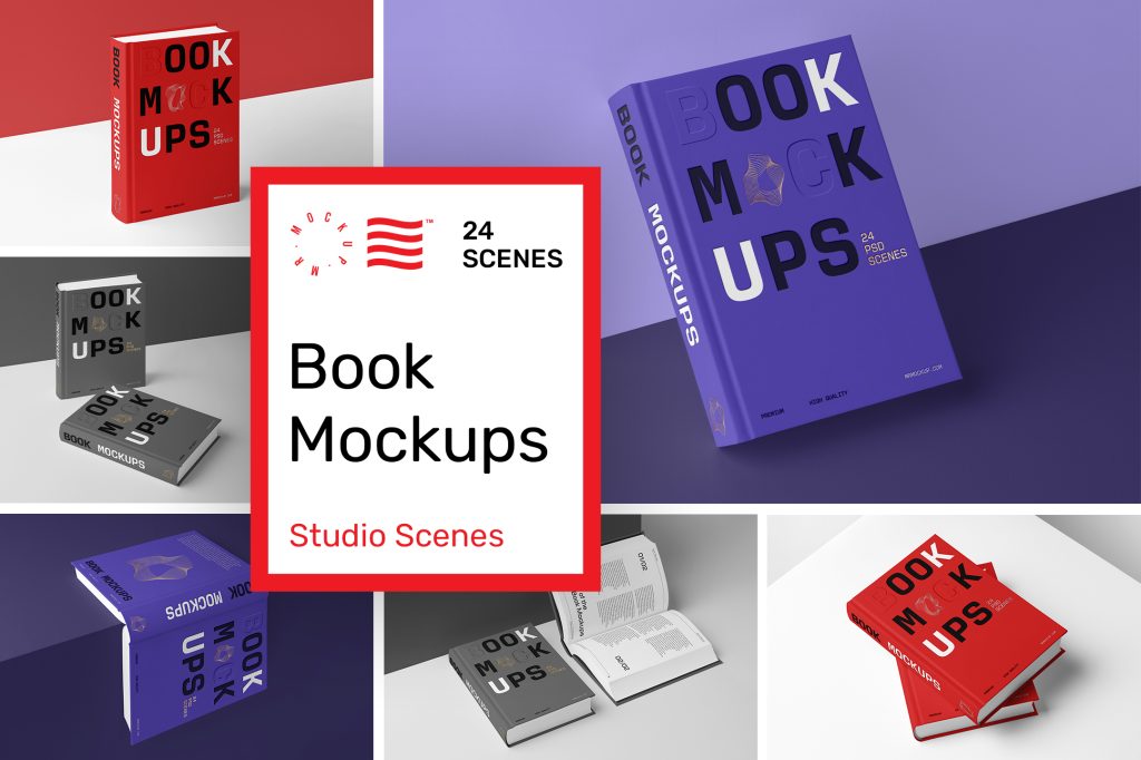 Studio-Book-Mockups-W-00 Product cover image from Studio Book Mockups showing six scenes from the product.