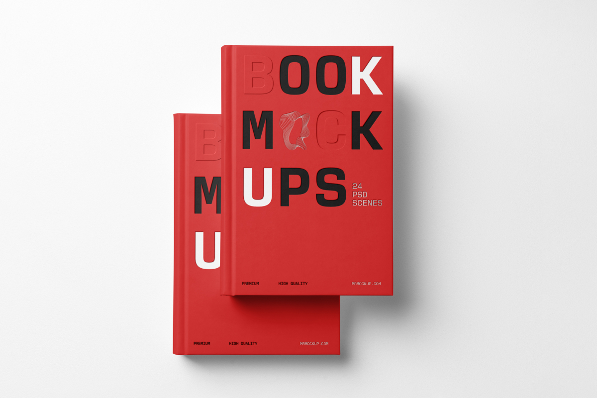 View from above, two hardcover book mockups with bold typography design in black, silver, red, and white colors in PSD lying on top of each other for cover design and branding presentation on a white background.
