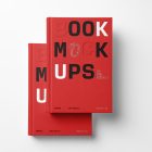 View from above, two hardcover book mockups with bold typography design in black, silver, red, and white colors in PSD lying on top of each other for cover design and branding presentation on a white background.