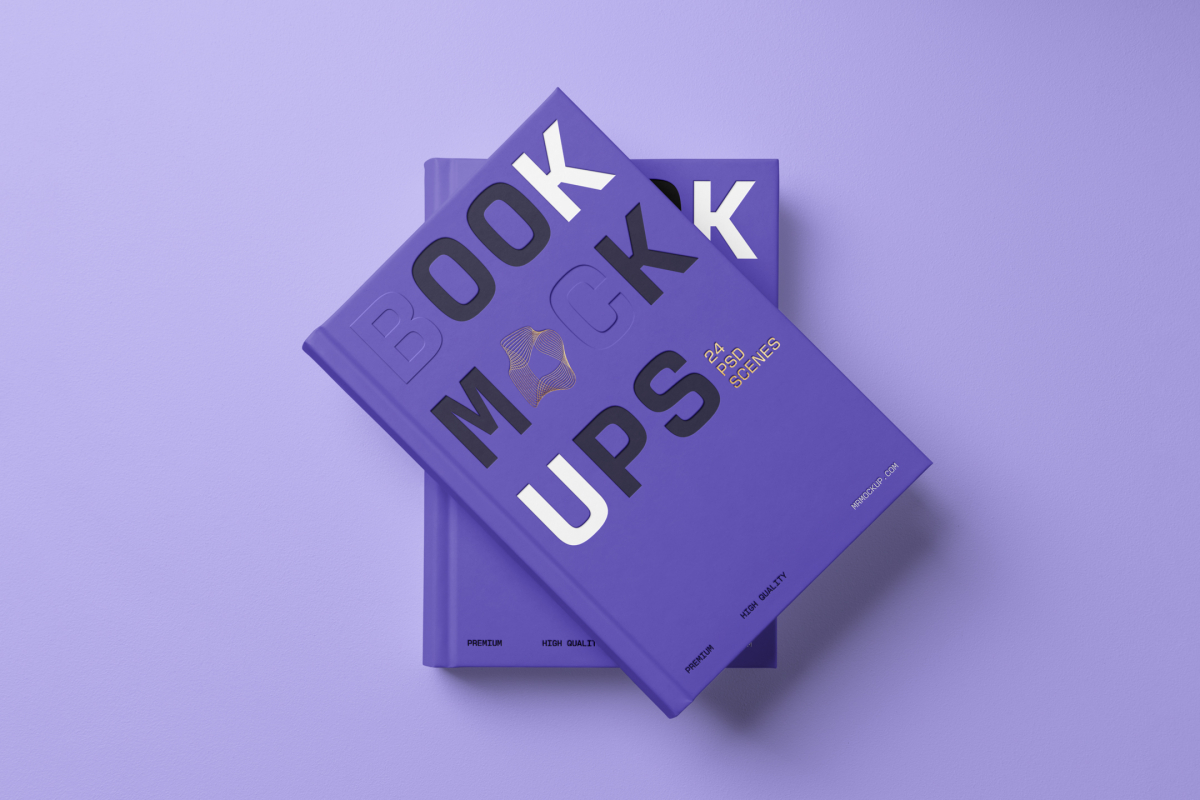 View from above, two hardcover book mockups with bold typography design in black, gold, purple, and white colors in PSD lying on top of each other for cover design and branding presentation on a purple background.