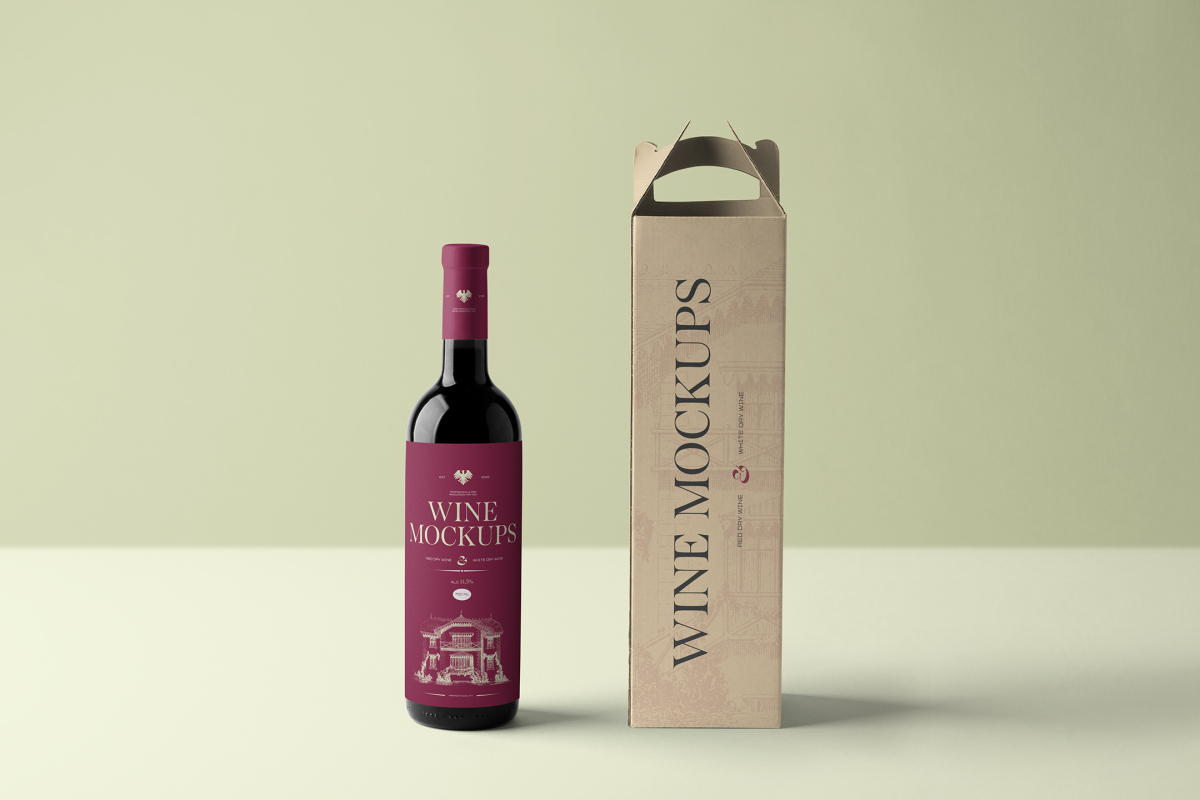 Front view, the scene from Studio Wine Mockups of a standing black wine bottle with a claret label near a craft paper package with a typography design on a bright green background.