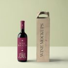 Front view, the scene from Studio Wine Mockups of a standing black wine bottle with a claret label near a craft paper package with a typography design on a bright green background.