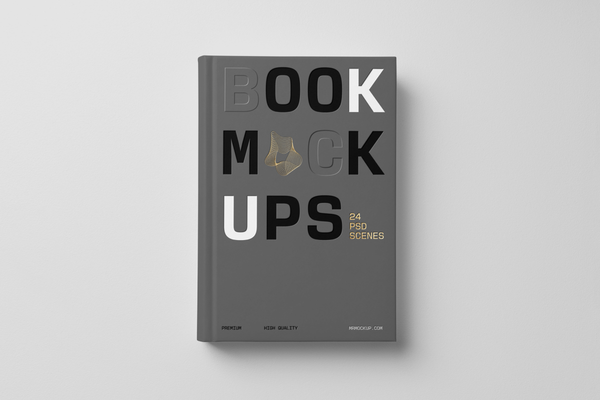 View from above, single hardcover book mockup with bold typography design in black, gold, gray, and white colors for minimalist book cover and publishing design, lying on a white background.