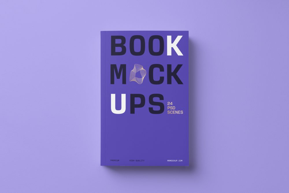 View from above, single softcover book mockup with bold typography design in black, gold, purple, and white colors for minimalist book cover and publishing design, lying on a purple background.