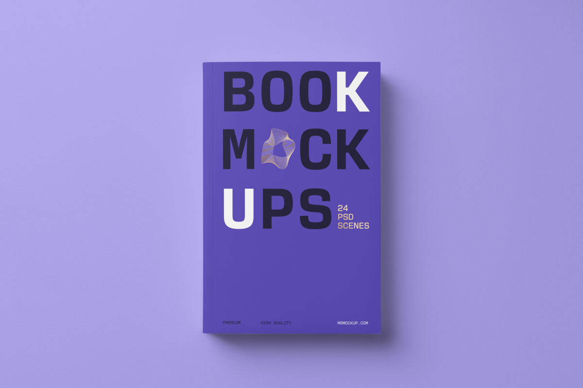 View from above, single softcover book mockup with bold typography design in black, gold, purple, and white colors for minimalist book cover and publishing design, lying on a purple background.