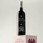 Front view, scene from Studio Wine Mockups of a black wine bottle with a bright green design standing on the pink cubic with a claret design on the bright gray background.