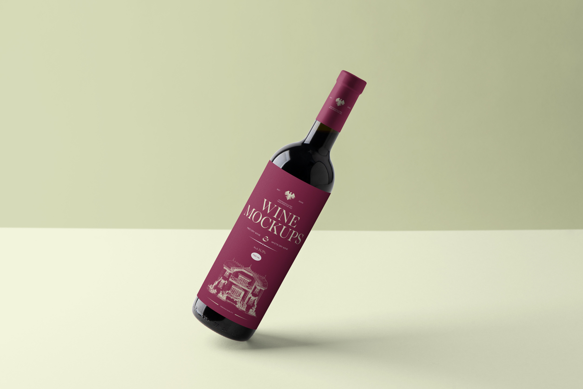 Front view, scene from Studio Wine Mockups of a levitating black wine bottle with a claret label and typography design on the bright green background.