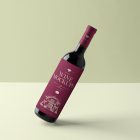 Front view, scene from Studio Wine Mockups of a levitating black wine bottle with a claret label and typography design on the bright green background.