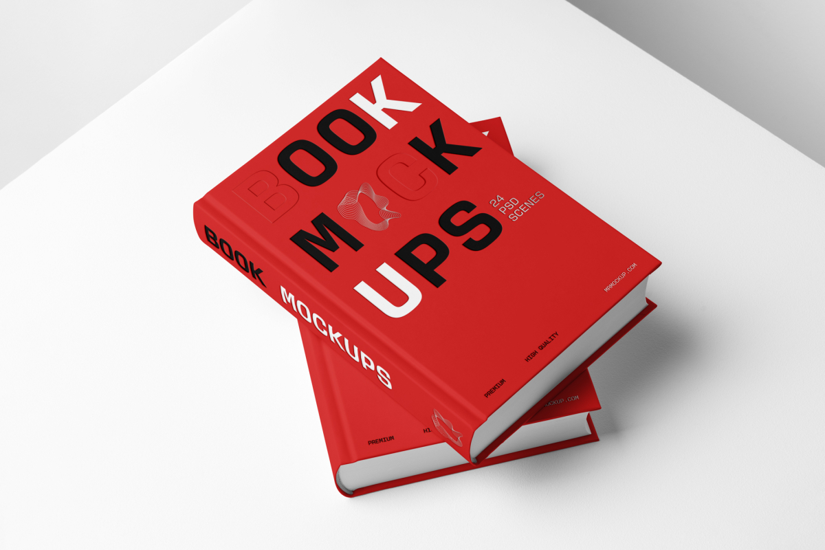 Top view at an angle of two hardcover book mockups in PSD with bold typography design in black, gold, gray, and white colors lying on top of each other for editorial and publishing design.