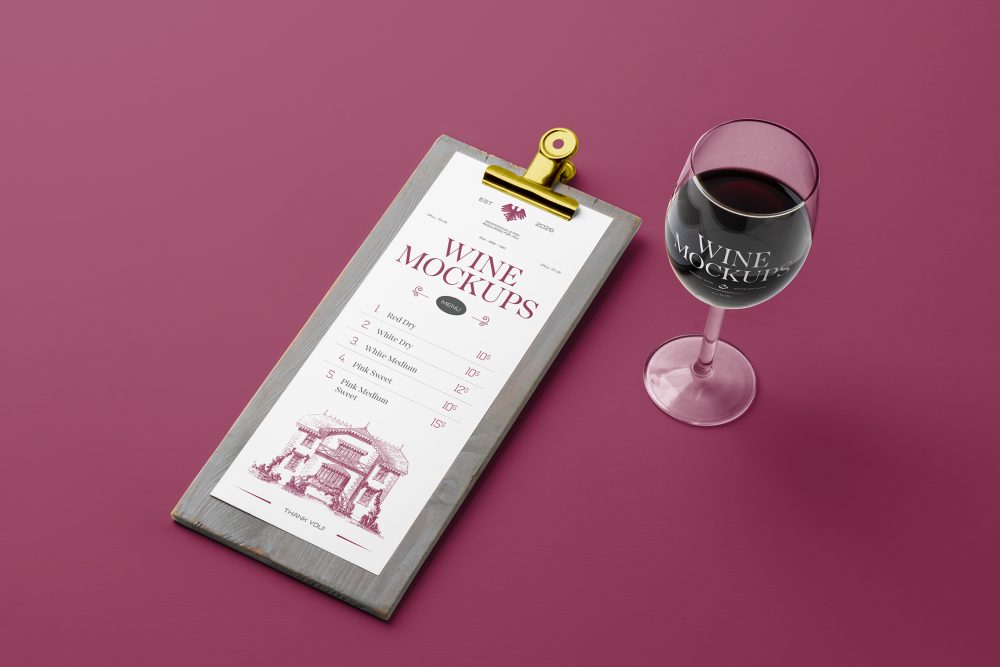View from above, the scene from Studio Wine Mockups of a wooden menu with a typography design and a standing transparent wine glass with a typography design on the claret background.