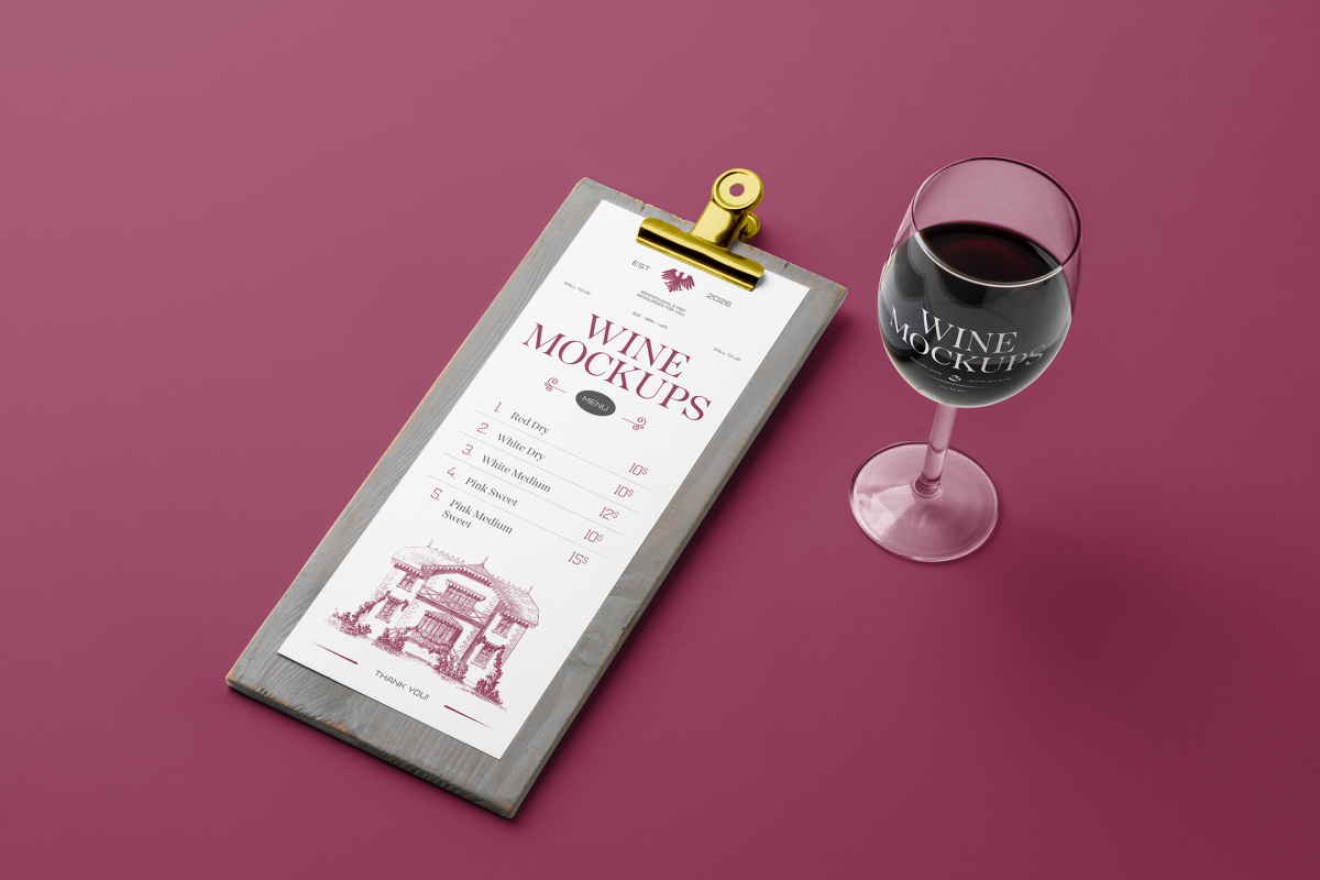 View from above, the scene from Studio Wine Mockups of a wooden menu with a typography design and a standing transparent wine glass with a typography design on the claret background.