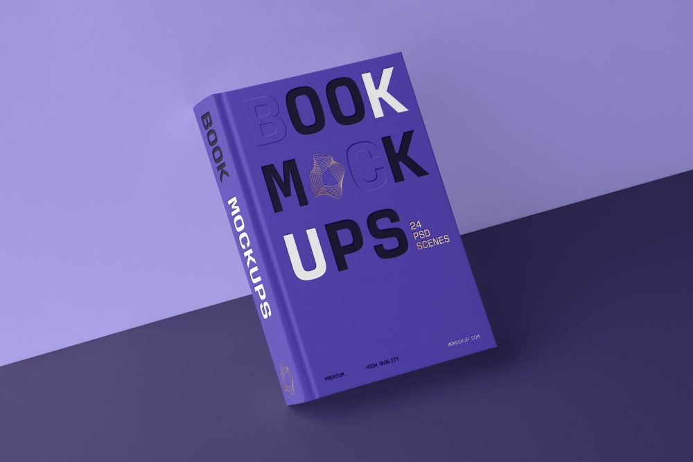 Front view, a hardcover book mockup with bold typography design in black, gold, purple, and white colors leaning against the purple wall, standing in perspective on the dark purple background.