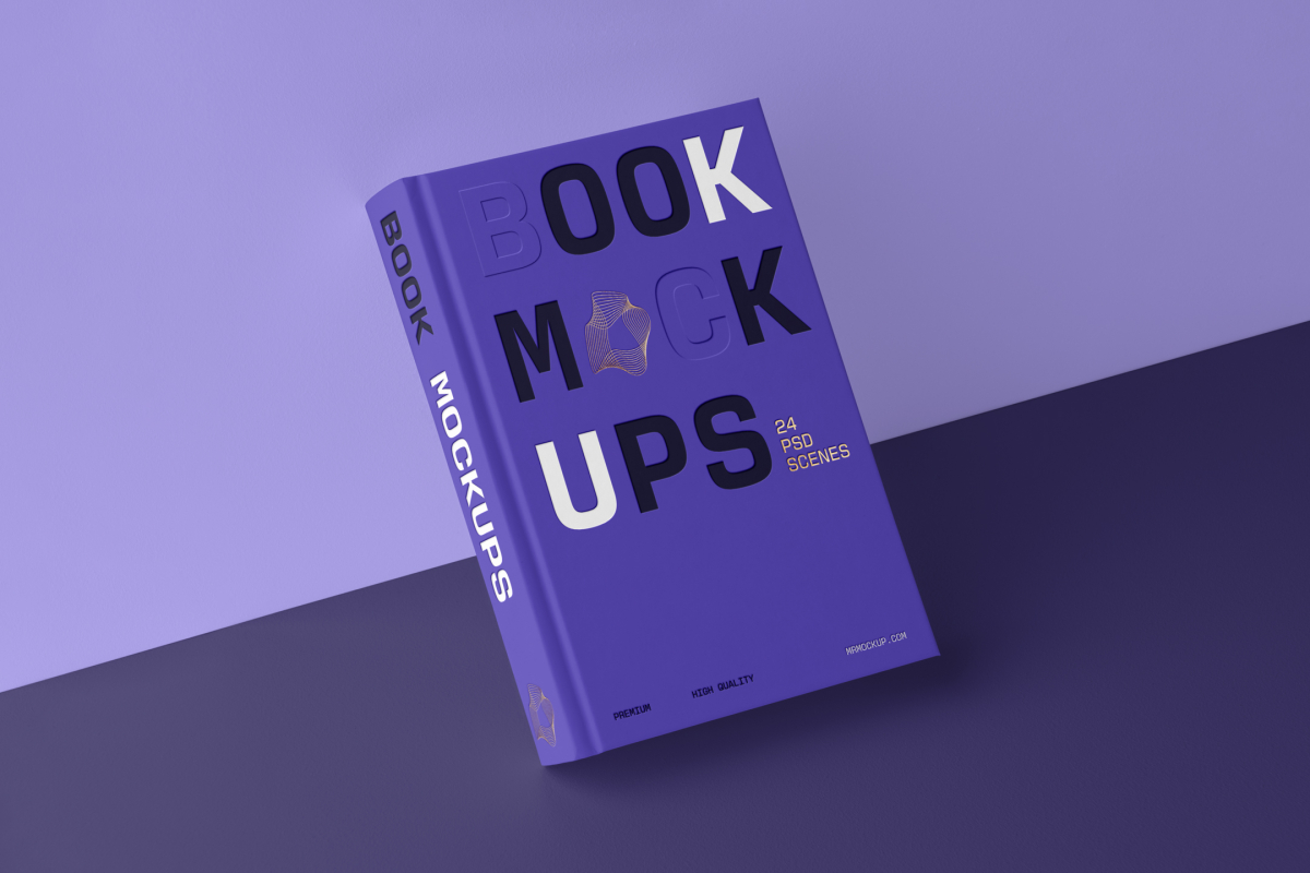 Front view, a hardcover book mockup with bold typography design in black, gold, purple, and white colors leaning against the purple wall, standing in perspective on the dark purple background.