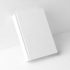 Front view, a white hardcover book mockup leaning against the white wall, standing in perspective on the white background.
