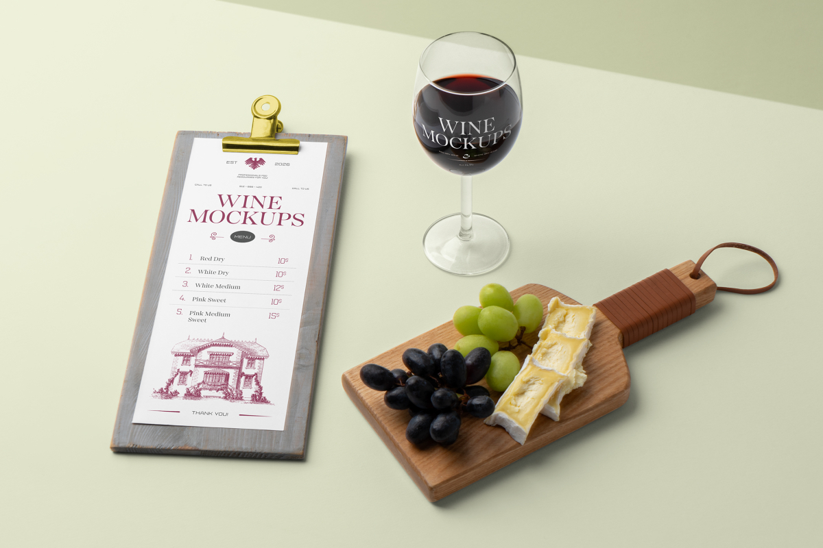 View from above, scene from Studio Wine Mockups wooden menu with a typography design, standing transparent wine glass with a typography design, and lying wooden tray with camembert and grapes on the bright green background.