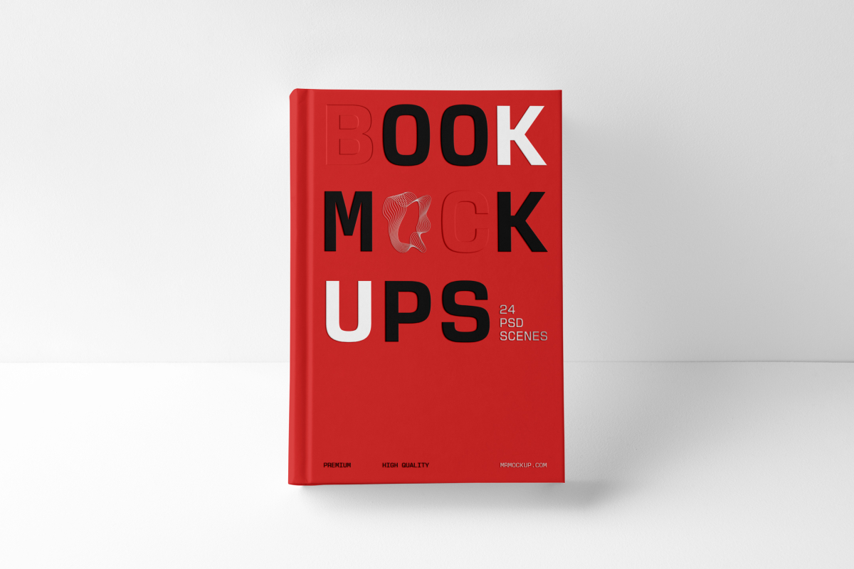 Front view, a hardcover book mockup with bold typography design in black, silver, red, and white colors leaning against the white wall, stands facing forward on the white background.