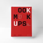 Front view, a hardcover book mockup with bold typography design in black, silver, red, and white colors leaning against the white wall, stands facing forward on the white background.