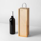 Front view, scene from Studio Wine Mockups of a standing black wine bottle near a wooden wine box on the white background.