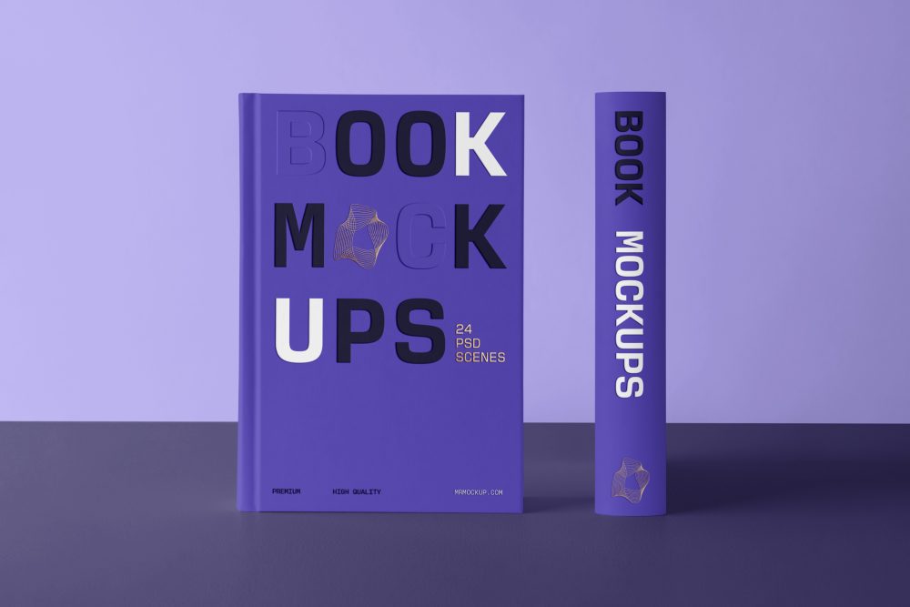 Front view, two hardcover book mockups with bold typography design in black, gold, purple, and white colors perfect for cover design and branding presentation standing on the dark purple background.