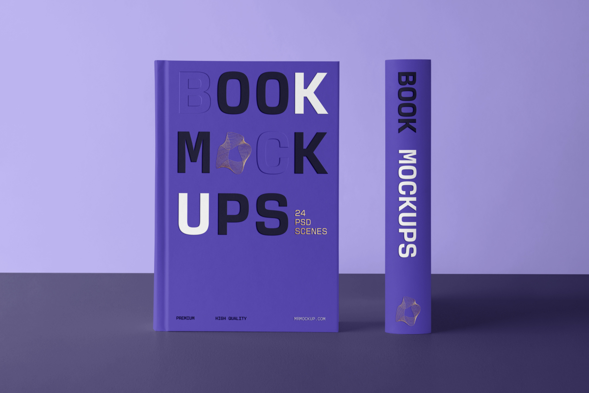 Front view, two hardcover book mockups with bold typography design in black, gold, purple, and white colors perfect for cover design and branding presentation standing on the dark purple background.