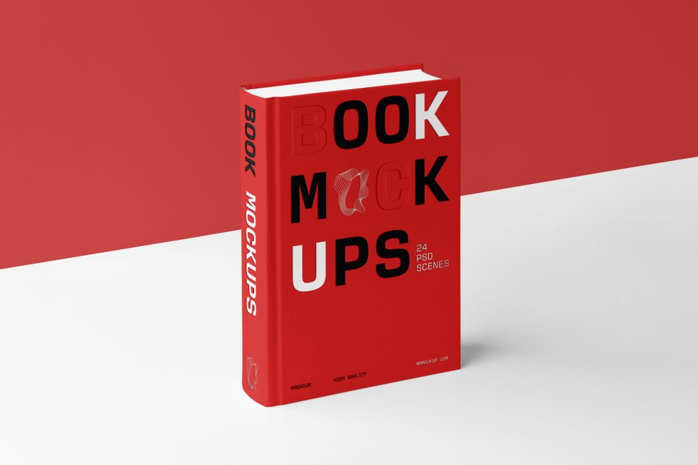 View from above, a hardcover book mockup with bold typography design in black, silver, red, and white colors is located on the white background in perspective view.