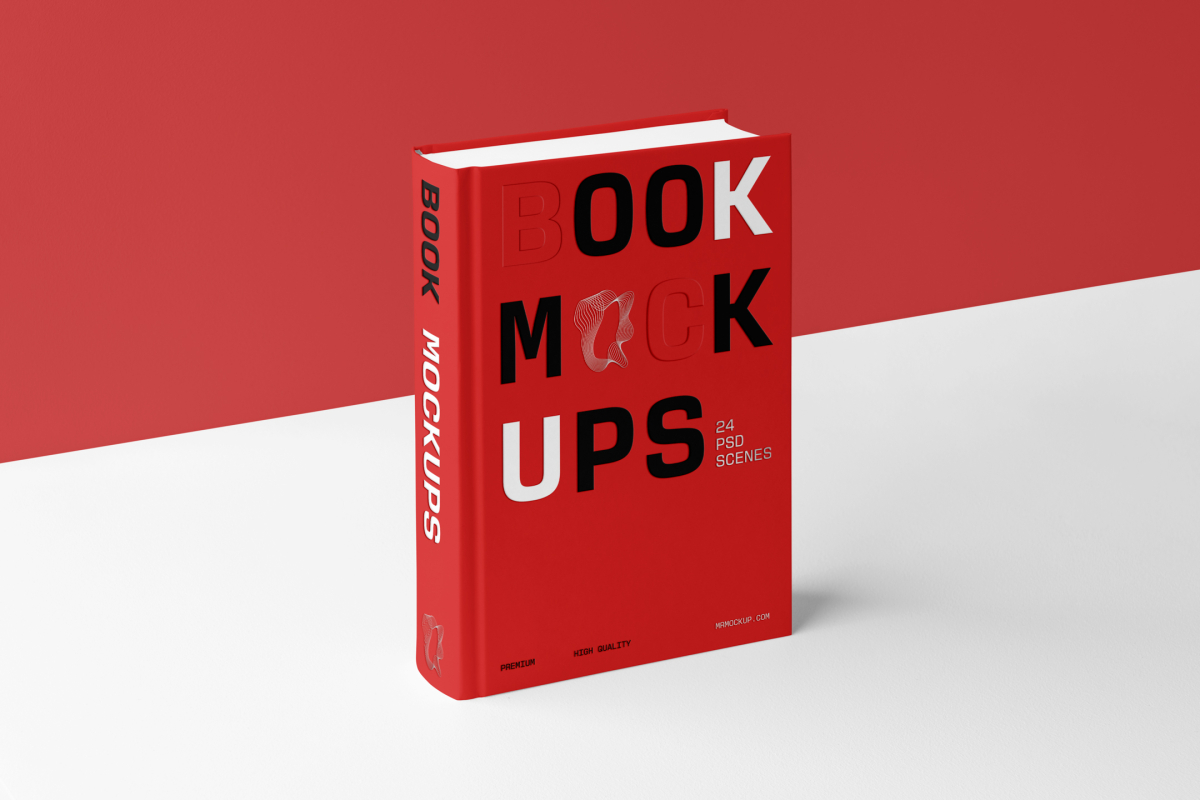 View from above, a hardcover book mockup with bold typography design in black, silver, red, and white colors is located on the white background in perspective view.