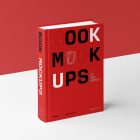 View from above, a hardcover book mockup with bold typography design in black, silver, red, and white colors is located on the white background in perspective view.