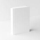 View from above, a white hardcover book mockup is located on the white background in perspective view.