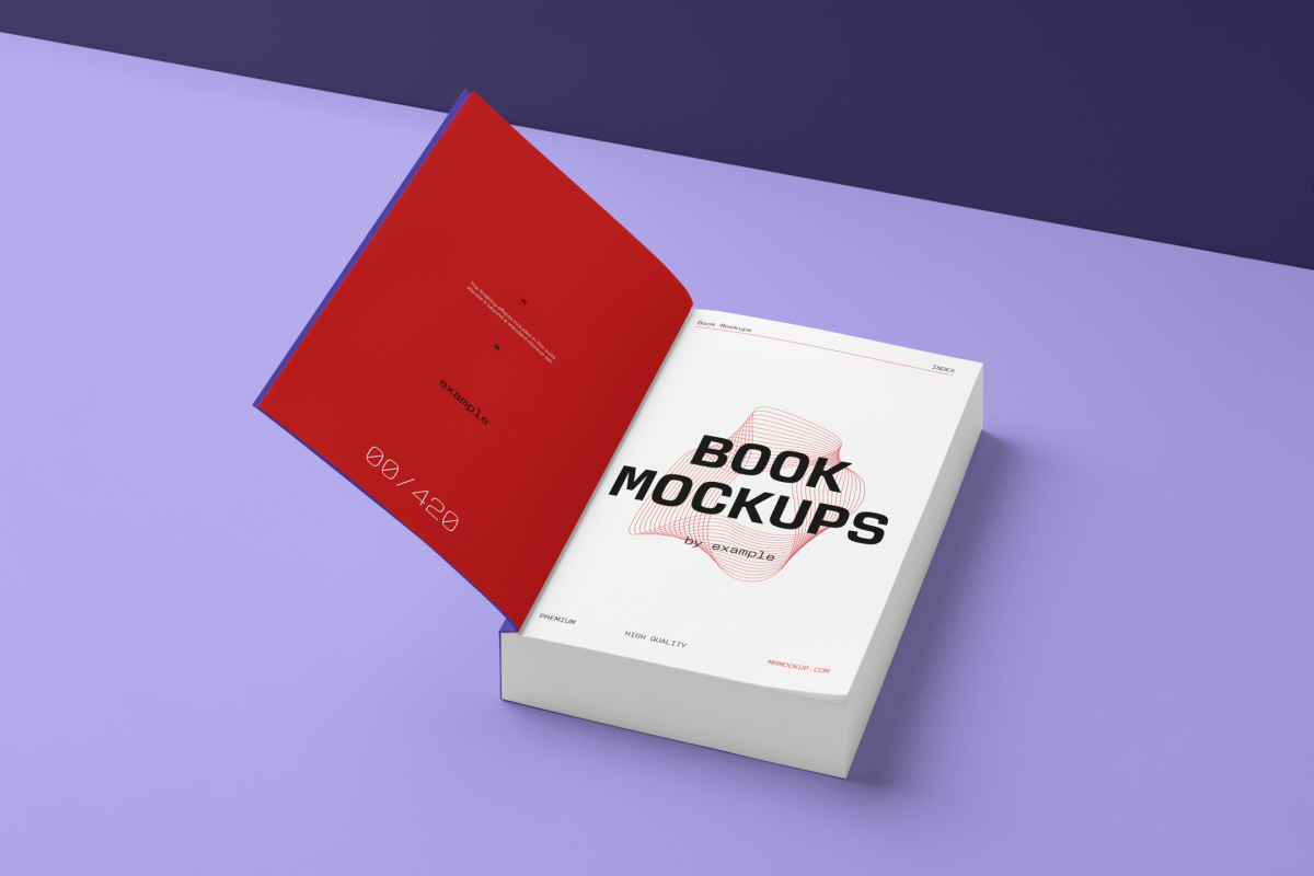 View from above, an open softcover book mockup with bold typography design lying on the purple background in perspective view.