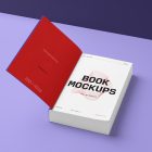 View from above, an open softcover book mockup with bold typography design lying on the purple background in perspective view.