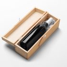 View from above, the scene from Studio Wine Mockups of an open wooden box with a black bottle of wine inside lying on the white background.