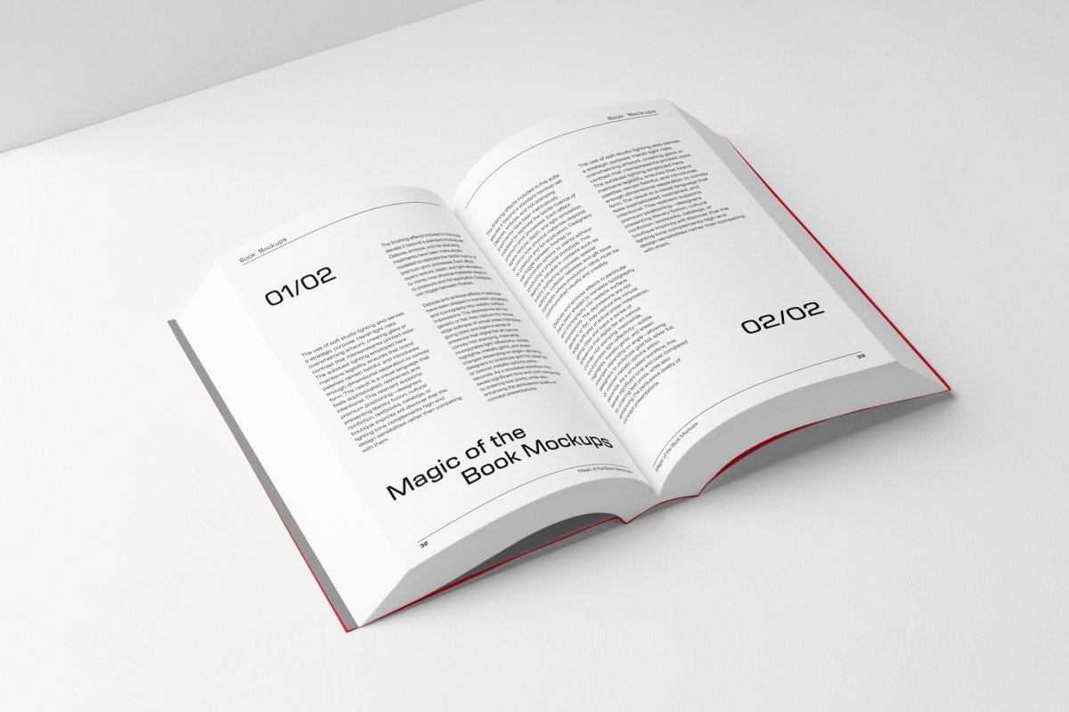 View from above, an open softcover book mockup with typography text design in black color lying on the white background in perspective view.
