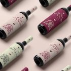 View from above the scene from Studio Wine Mockups of twelve black wine bottles with a pink, green, and claret label color and typography design lying on the pink background.