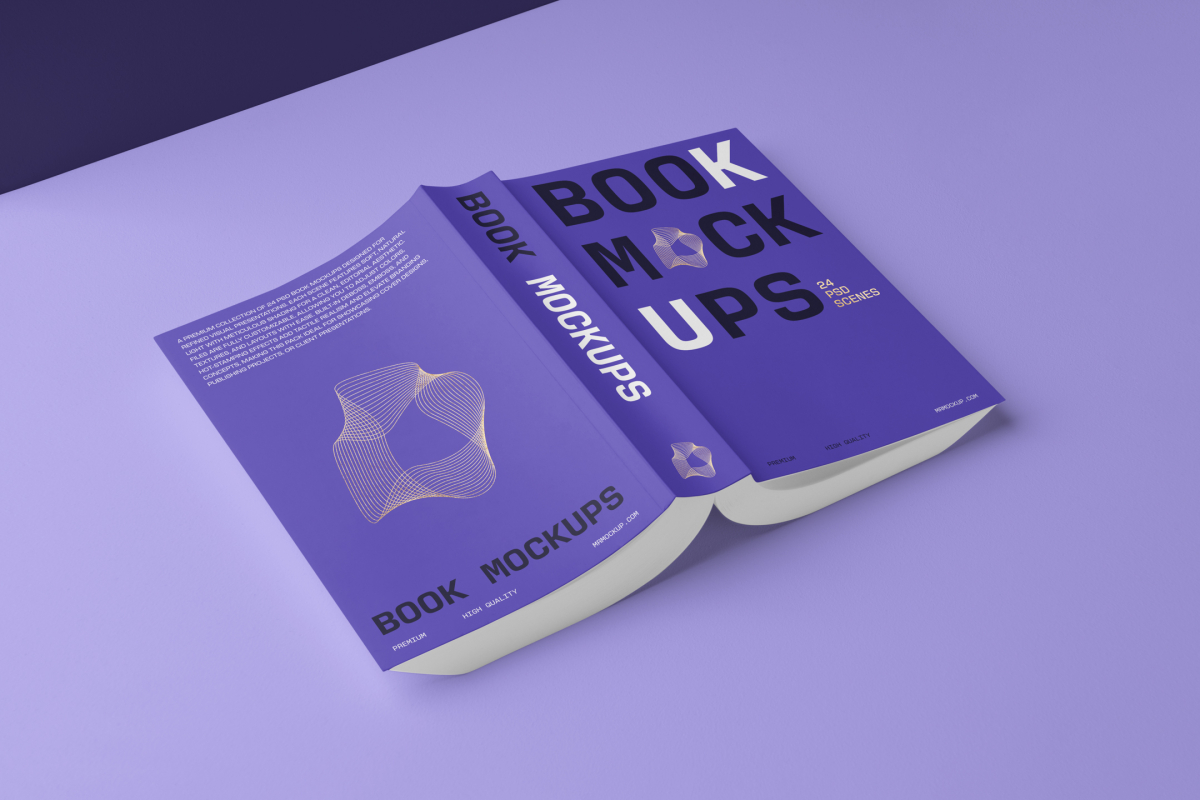 View from above, a softcover book mockup turned upside down with bold typography design in black, gold, purple, and white colors lying on the purple background in perspective view.