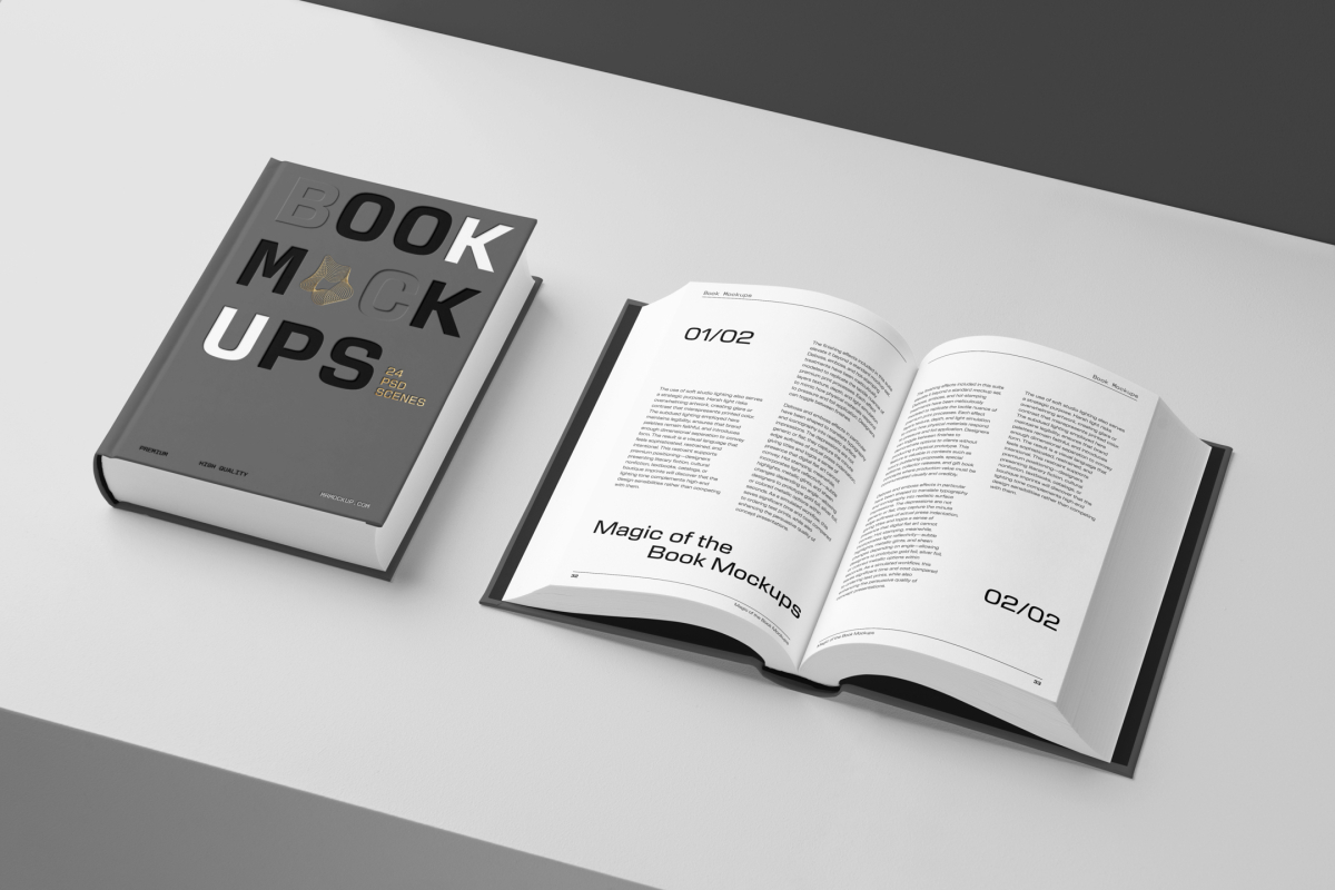 View from above, two hardcover book mockups with bold typography design in black, gold, gray, and white colors lying on the white background in perspective view.