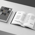 View from above, two hardcover book mockups with bold typography design in black, gold, gray, and white colors lying on the white background in perspective view.