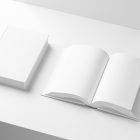 View from above, two white hardcover book mockups lying on the white background in perspective view.
