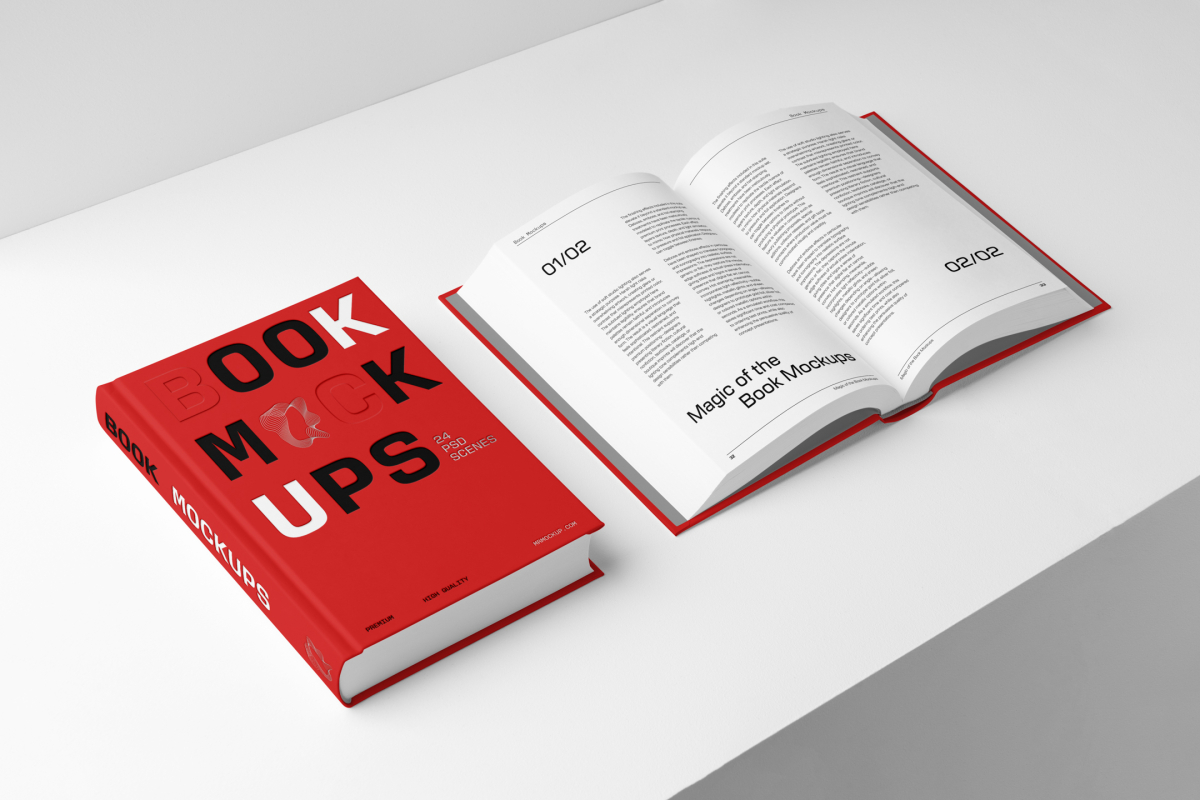 View from above, two hardcover book mockups with bold typography design in black, silver, red, and white colors lying on the white background in perspective view.