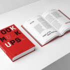 View from above, two hardcover book mockups with bold typography design in black, silver, red, and white colors lying on the white background in perspective view.
