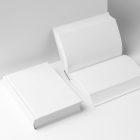 View from above, two white hardcover book mockups lying on the white background in perspective view.