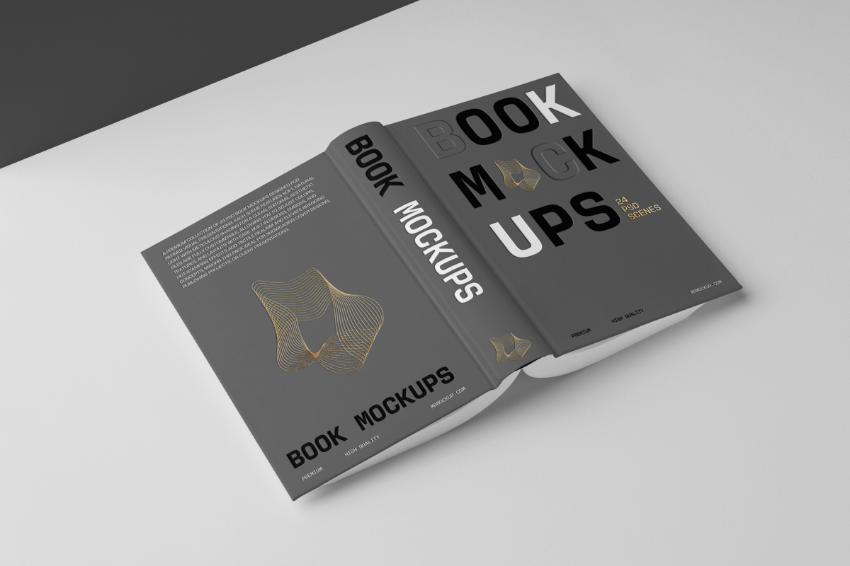 View from above, an open hardcover book mockup turned upside down with bold typography design in gold, black, gray, and white colors lying on the white background in perspective view.