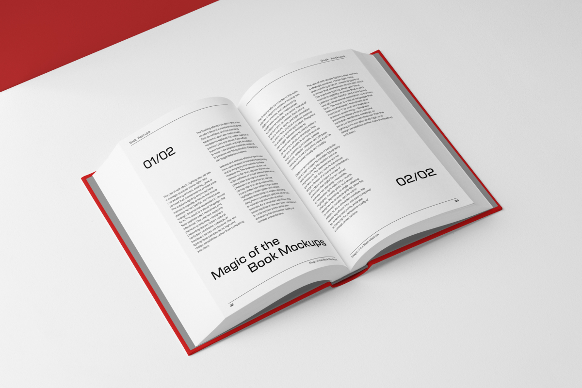 View from above, an open hardcover book mockup with typography text design in black color lying on the white background in perspective view.