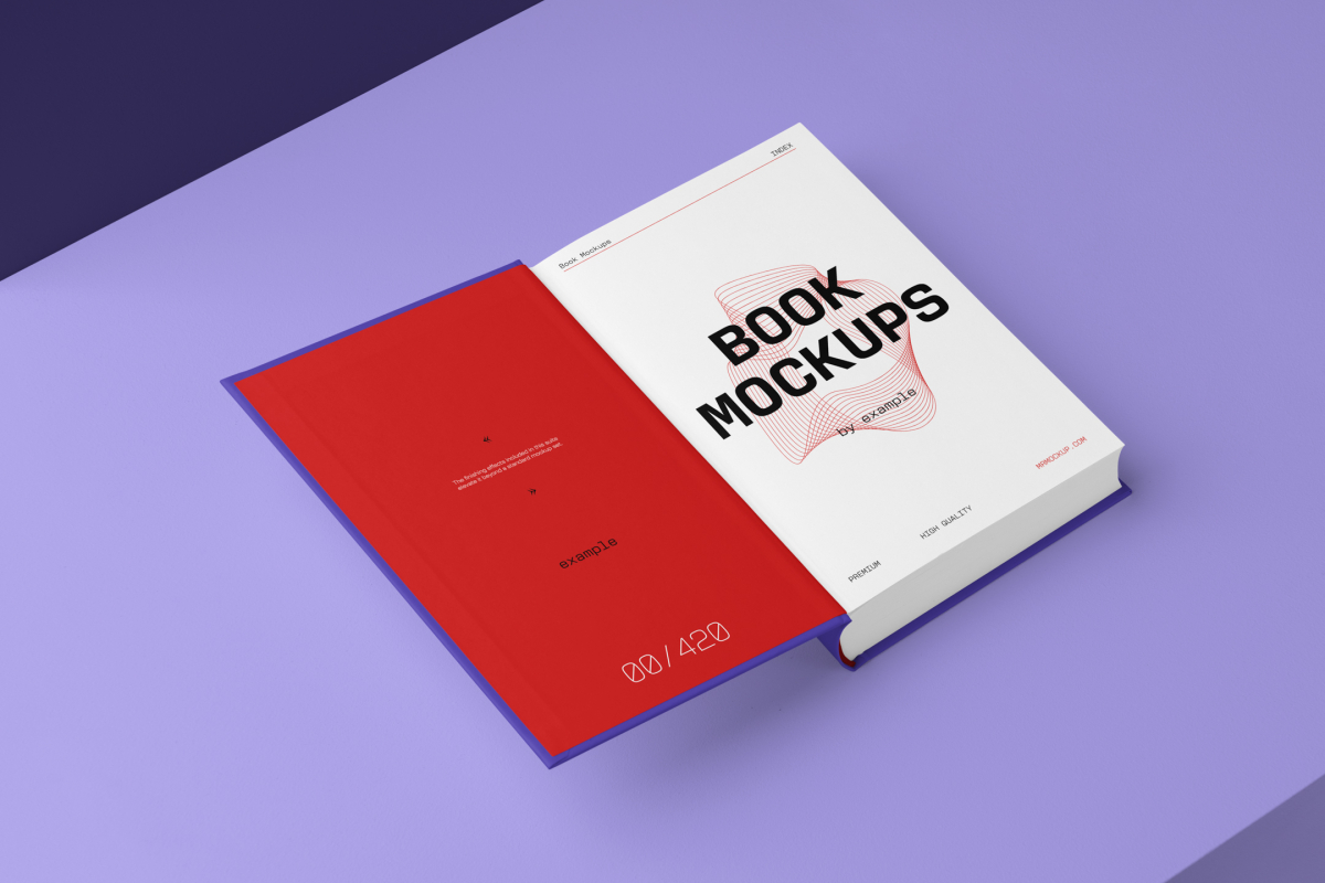 View from above, an open hardcover book mockup with bold typography design lying on the purple background in perspective view.