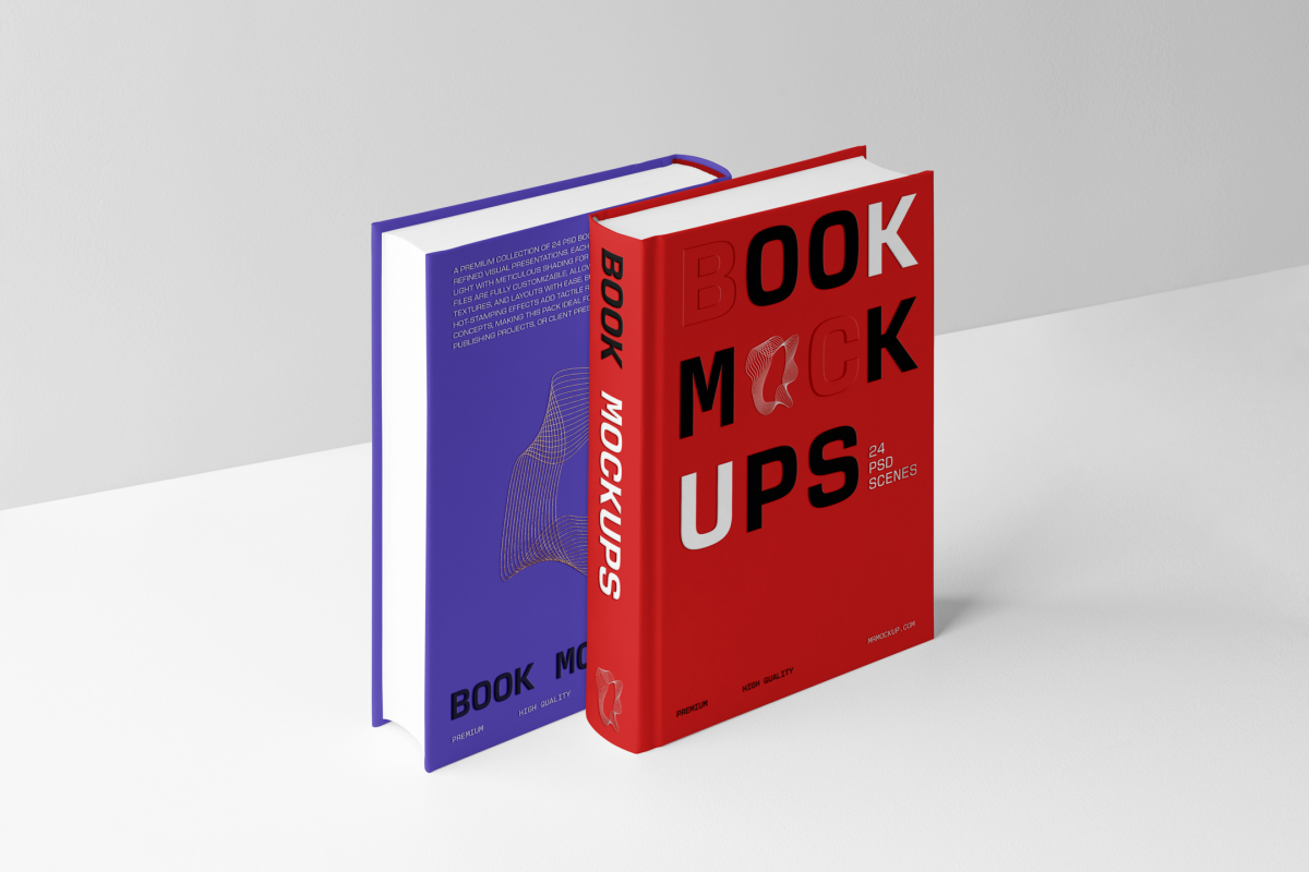 Front view, two hardcover book mockups with bold typography design in purple and red color, standing on the white background.