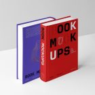 Front view, two hardcover book mockups with bold typography design in purple and red color, standing on the white background.