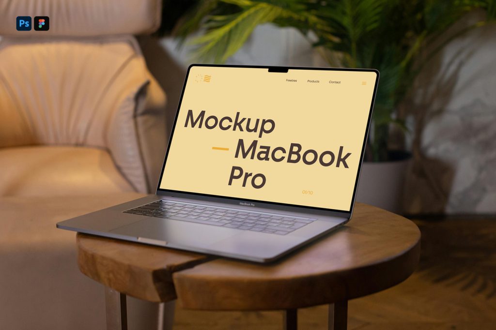 Front view, open silver MacBook Pro Mockup with simple yellow and brown typography design lying on the wooden table.
