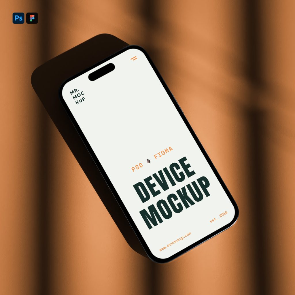 View from above, iPhone Pro mockup with simple typography design in green and orange color lying on a golden background color.