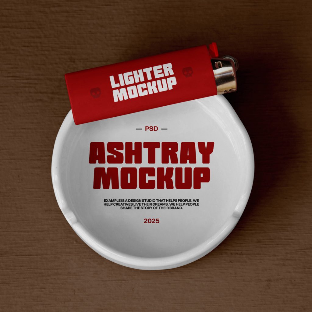 View from above, a red lighter mockup and a white Ashtray Mockup lying on a brown background.