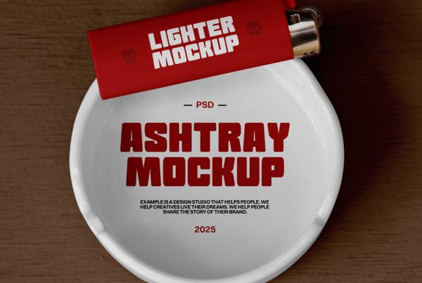 View from above, a red lighter mockup and a white Ashtray Mockup lying on a brown background.